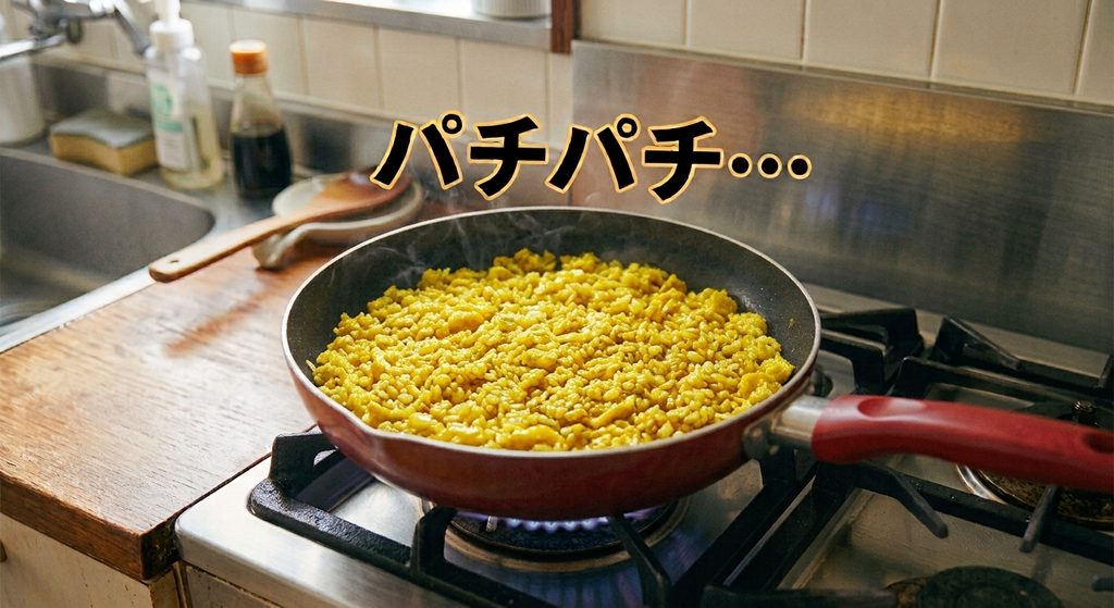 フライパンでチャーハンを炒めながらパチパチという音を待っている様子