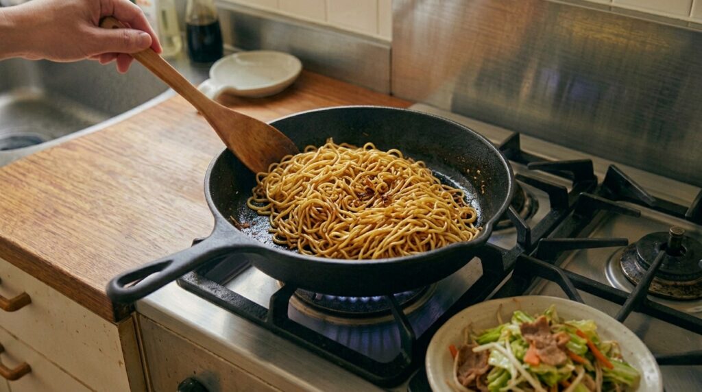 粉末ソースを絡めて香ばしく炒める焼きそばの麺
