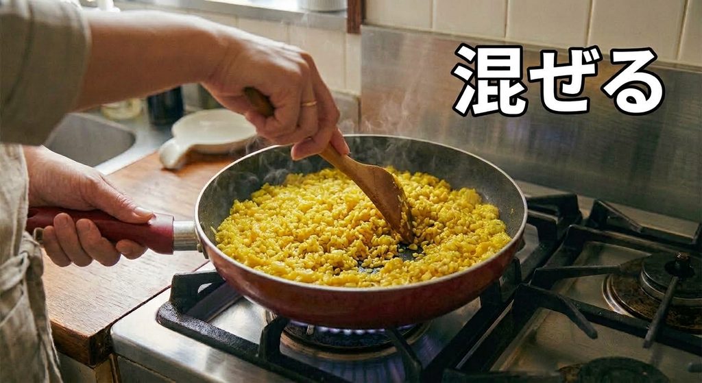 パチパチ音がしたチャーハンをヘラでほぐしている様子