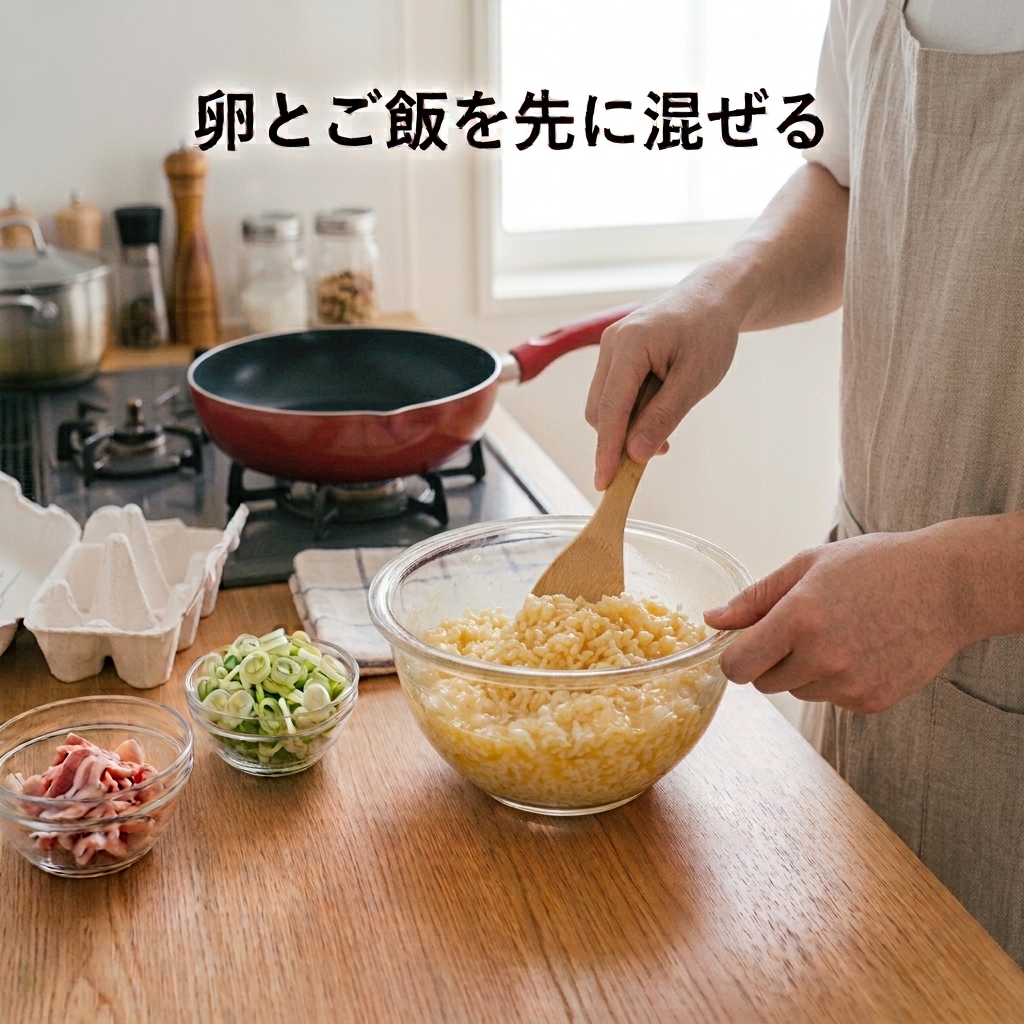 卵とご飯を先に混ぜてチャーハンを作る様子