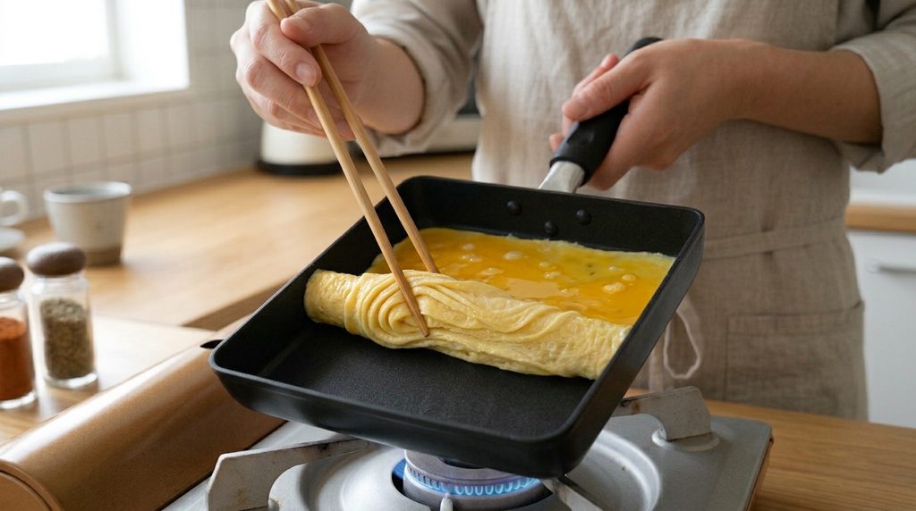 厚焼き玉子を手前に巻く