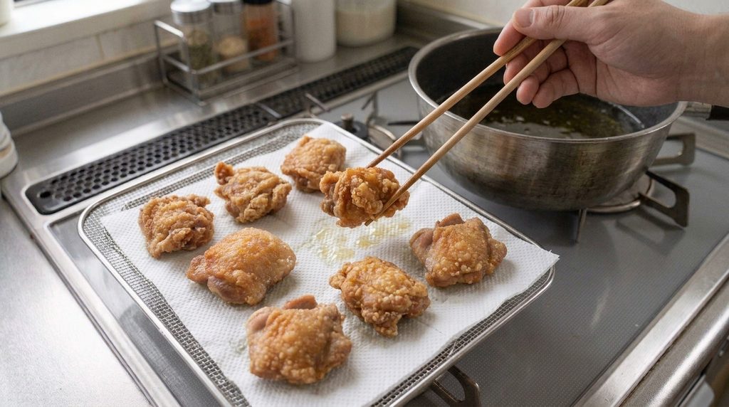 揚げた唐揚げをキッチンペーパーで油切りしている様子