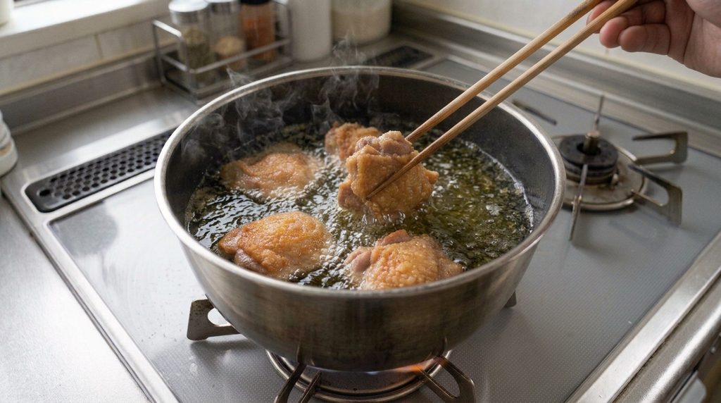 油の中の唐揚げを菜箸でつまんで揚がり具合を確認している様子