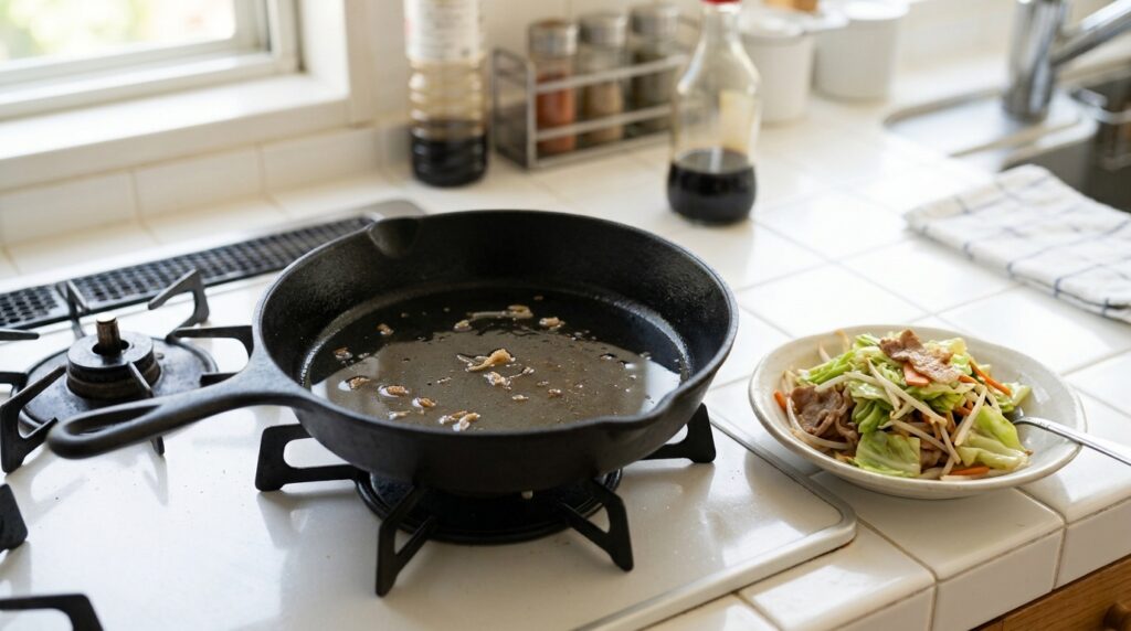 粉末ソースを絡めた焼きそばの野菜を別皿に移す