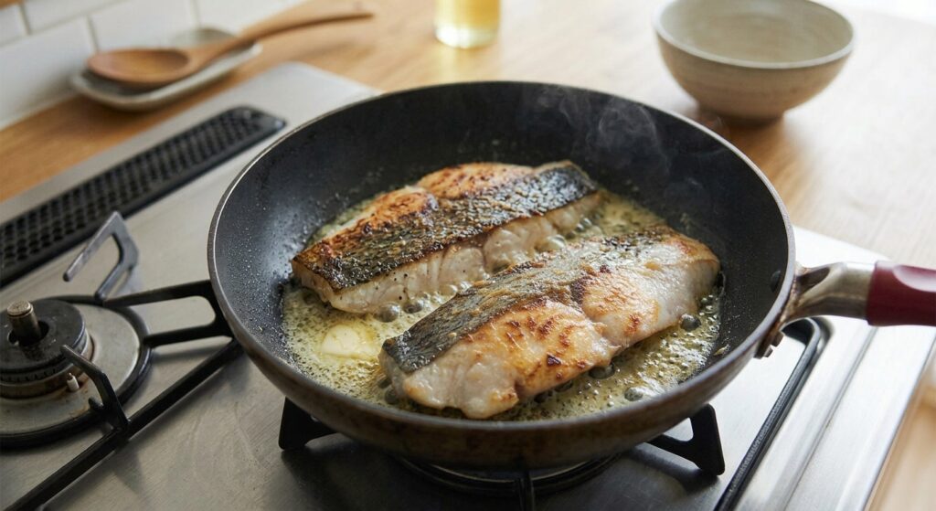 バターを使って魚のムニエルを焼いている様子