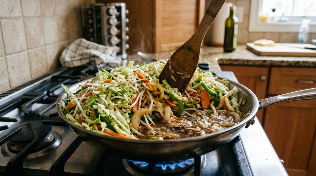 フライパンに野菜を入れすぎた野菜炒め