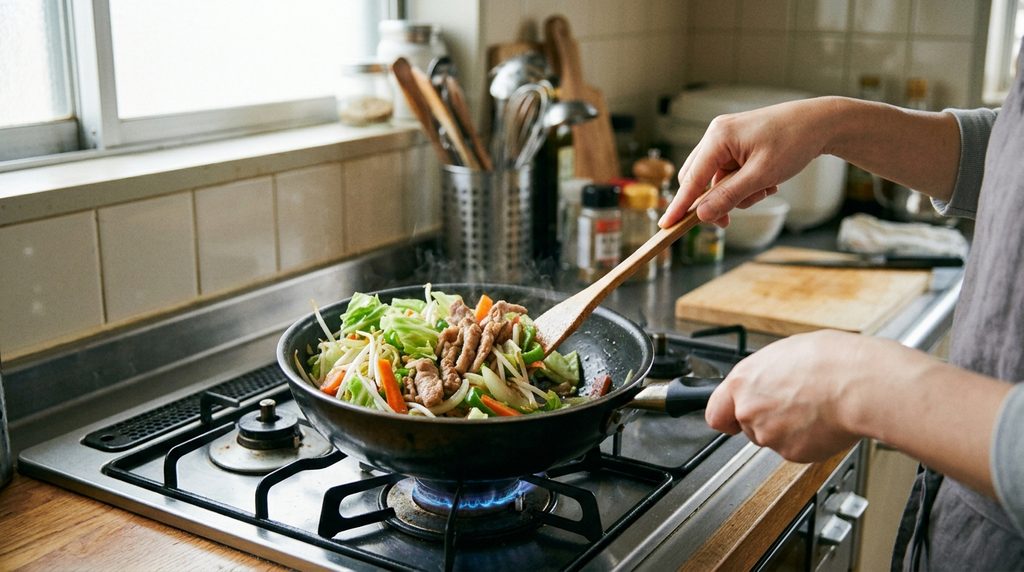 加熱した野菜と肉をフライパンで炒める様子
