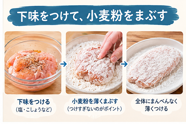 鶏むね肉に下味をつけて小麦粉をまぶす