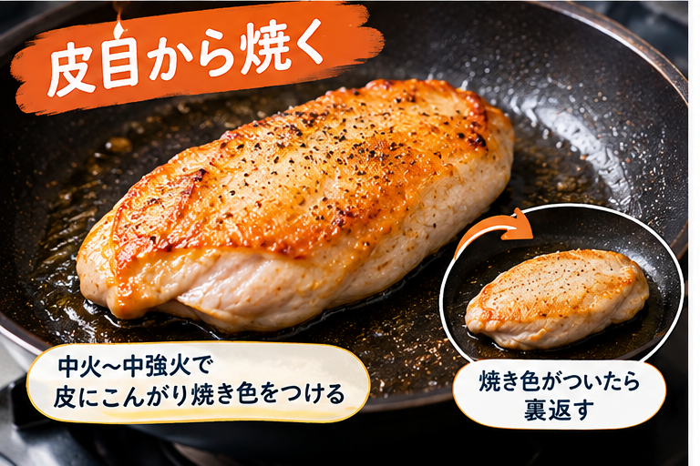 鶏むね肉を皮目からフライパンで焼く