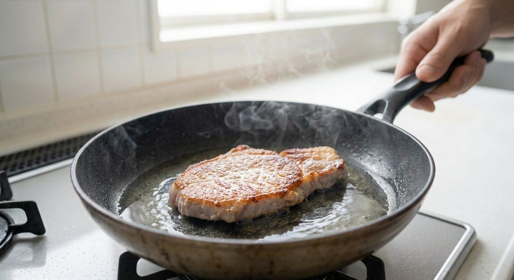 フライパンで豚ロースを中火で焼く