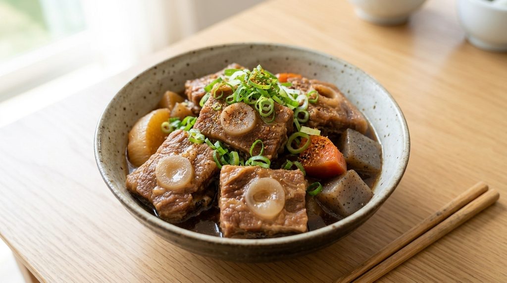 薬味と七味を添えたトロトロの豚軟骨煮込み